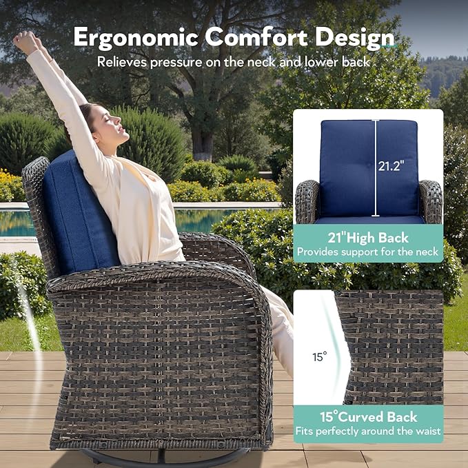 7 Piece Patio Furniture Set with Fire Pit Table - Wicker Patio Conversation Set with Swivel Glider, Glider Loveseat, Side Table and 2 Ottomans for Deck Backyard - Brown Wicker Blue Cushion