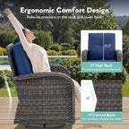 5 Piece Patio Furniture Set - Wicker Patio Conversation Set with Swivel Glider, 3 Seat Sofa, Tempered Glass Side Table and Coffee Table for Deck Backyard - Brown Wicker Blue Cushion