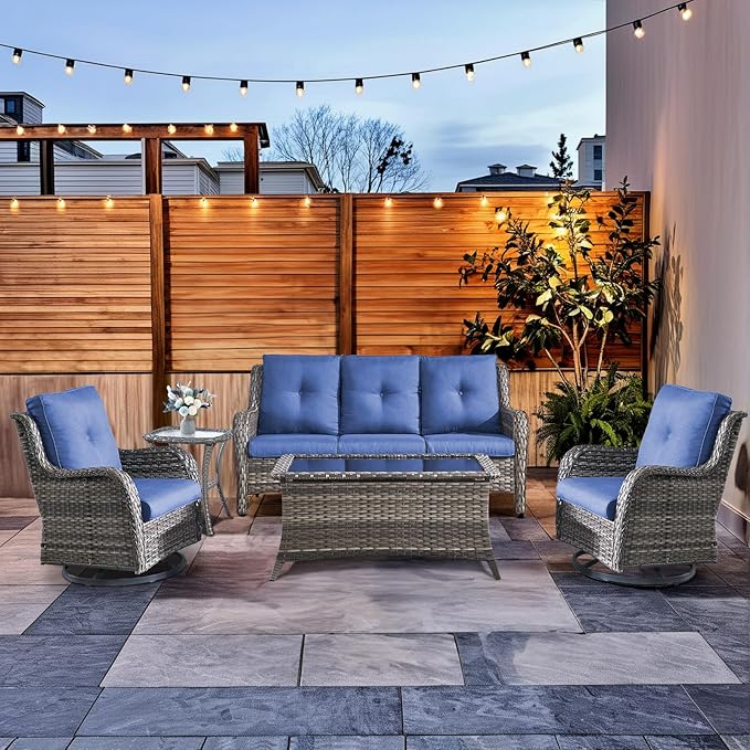 HUMMUH Wicker Patio Furniture Set with Outdoor Swivel Rocker Patio Chairs,High Back Outdoor Couch and Table 5 Pieces Outdoor Furniture for Porch Garden Deck