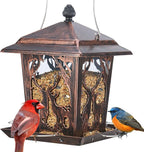 Kingsyard Metal Bird Feeder for Outdoor Hanging - Unique Design Wild Bird Hopper Feeder with 4 Perches and Rainproof Roof, Antique Copper