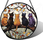 Stained Glass Window Hanging - 5 Cats on a Branch Suncatcher for Window Doors Home Decoration and Christmas, Mother's Day Father's Day Birthday Gifts for Women, Men, and Mom 11.8x11.8 in