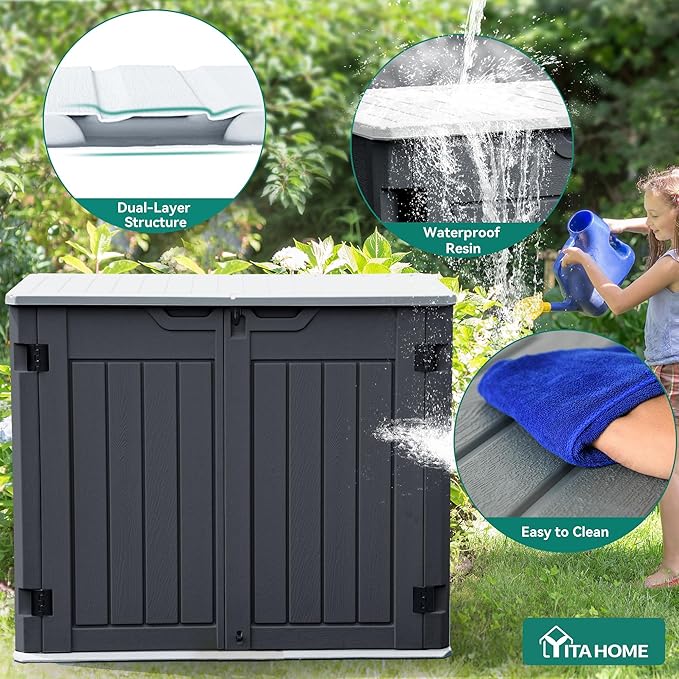 YITAHOME Outdoor Resin Storage Sheds, 39 in Height Lockable Waterproof Horizontal Shed w/o Shelf, Easy to Assemble Shed Storage for Garden Tools, Dark Gray