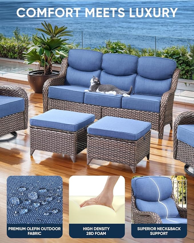 Luxury 22x24/22x25 6-Inch Smile Patio Cushions for Outdoor Furniture Set of 6 - Thick Back & Deep Seat Outside Chair Cushions for Rattan Metal Glider Loveseat Sectional Sofa - Navy Blue
