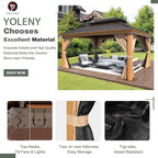 YOLENY 12' x 14' Hardtop Gazebo, Wooden Finish Coated Aluminum Frame Gazebo with Galvanized Steel Double Roof, Outdoor Permanent Metal Pavilion with Curtains and Nettings for Patio, Lawn & Garden