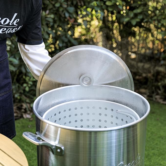 Creole Feast SBK1001 100 Qt Seafood Boiling Kit with Strainer, Outdoor Seafood Boil Pot and Basket with 100,000 BTUs Propane Burner and 10 PSI Regulator, Black & Silver