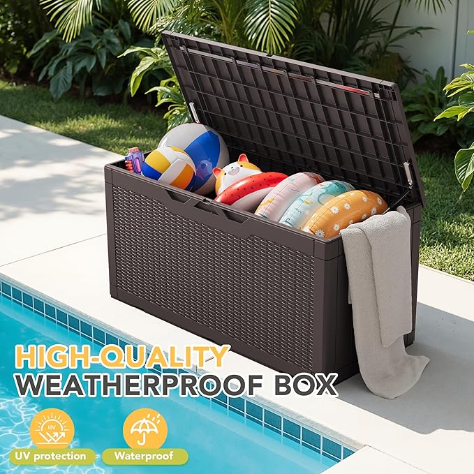 Greesum 100 Gallon Resin Deck Box Lockable Large Outdoor Storage Boxes for Garden Tools, Patio Furniture Cushions, Pool Supplies, Dark Brown