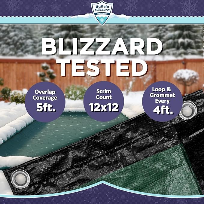 Buffalo Blizzard Supreme Plus 30 ft x 50 ft Rectangular Winter Pool Cover | Green/Black | Heavy Duty for Above Ground Swimming Pools | Easy Install | Cold & UV Resistant | Seasonal Debris Protection