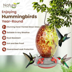 Nature Gear Hummingbird Feeder, Hanging-Mount Glass Hummingbird Feeders for Outdoors, Hand-Blown Glass Feeder with Ant Moat for Garden Hummingbirds, Easy to Clean & Rust Resistant, Volcano Red