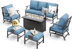 Patio Furniture Set, 6 Pcs Metal Outdoor Conversation Set, 2 Rocker Chairs, 2 Ottomans and 3 Seater Sofa with 5.75" Extra Thick Cushion and Gas Fire Pit Table, Navy Blue