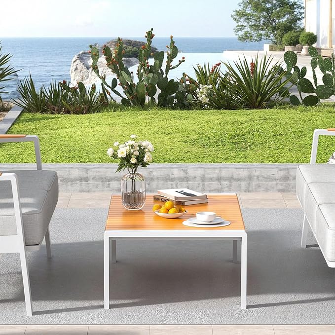 Aluminum Outdoor Coffee Table - White Rectangle Patio Tables with Teak Top for Deck, and Poolside