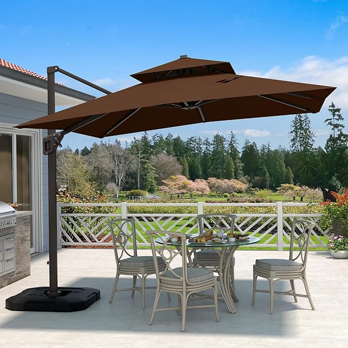 10' X 10' Cantilever Patio Umbrella Outdoor Heavy Duty Double Top Windproof Square Offset Umbrellas with 360-degree Rotation for Pool Deck Backyard, Brown