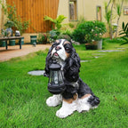 Cavalier King Charles Spaniel Outdoor Dog Statue with Reversible “Welcome/ON Patrol” Hanging Plaque and Solar Porch Lantern, Black & White Sitting