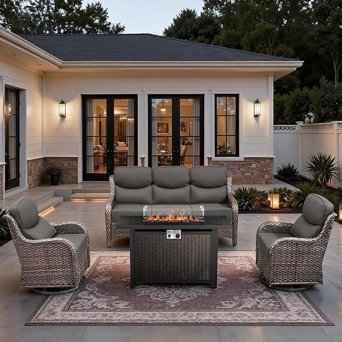 HUMMUH 6 Pieces Patio Furniture Set with Fire Pit High Back Outdoor Furniture Set 6-inch Cushions Wicker Patio Swivel Rocker Chairs for Balcony Garden,Lawn,Deck