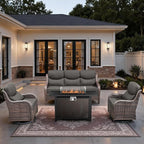 HUMMUH 6 Pieces Patio Furniture Set with Fire Pit High Back Outdoor Furniture Set 6-inch Cushions Wicker Patio Swivel Rocker Chairs for Balcony Garden,Lawn,Deck