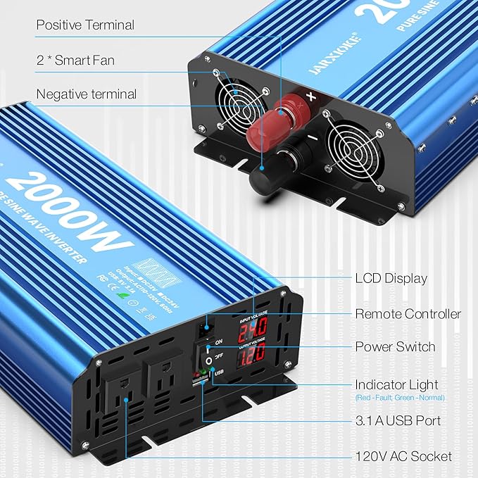 2000 Watt Pure Sine Wave Power Inverter, 24V dc to 110 Vdc to 120 Vdc, for Home, RV and Off-Grid Solar Systems, with 2 AC Outlets and USB Port, LCD Display, with Remote Control
