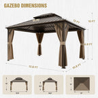 COOS BAY 12x14 Hardtop Gazebo with Aluminum Frame, Galvanized Steel Double Roof Outdoor Pavilion with Netting and Curtains, Dark Brown/Tan