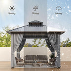 WKM 10x10 FT Hardtop Gazebo with Heavy Duty Galvanized Steel Double Roof, Aluminum Frame Permanent Pavilion with Curtains and Netting, Outside Canopy Gazebo for Patio, Deck and Backyard, Grey