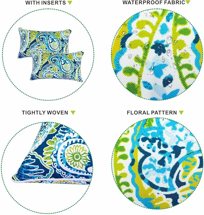 Pack of 2 Patio Lumbar Pillows, 12"x20" Fade Resistant Outdoor Waterproof Lumbar Pillow with Inners, Decorative Garden Lumbar Cushions for Home Patio Terrace Sofa Use