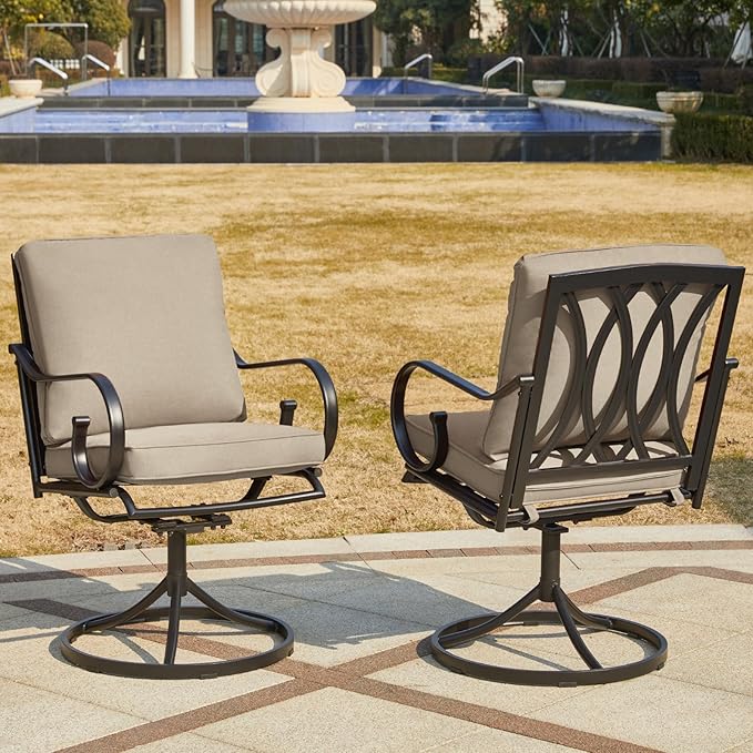 MELLCOM Patio Swivel Chair Set of 2, Heavy Duty Outdoor Dining Chairs with Thickened Cushions, Metal Patio Chairs Gentle Rocker for Outside, Khaki