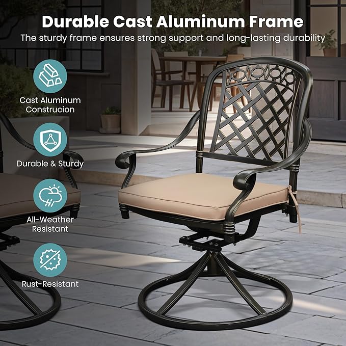 Set of 4 Cast Aluminum Patio Chairs with Cushions, All-Weather Aluminum Outdoor Swivel Chairs, Metal Outdoor Rocking Chairs for Backyard, Poolside and Bistro (Khaki, 4 Pieces)