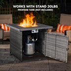 Patio Luxury Conversation Set of 4 Swivel Chairs with Side Table and 30in Square Wicker Firepit Table, Grey Wicker|Blue Cushions