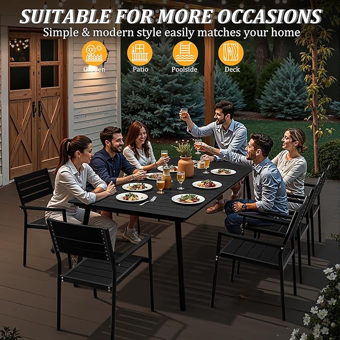 Outdoor Dining Table for 6-8, 82.7 inch Patio Dining Table with Wooden-Like Top and Aluminum Frame, Rectangular Table with Umbrella Hole Outdoor Furniture, Only Table, Black