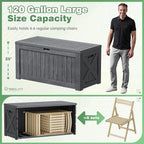 Greesum 120 Gallon Outdoor Storage Box with Lock - Large Resin Deck Box, Reinforced Lid for Garden, Patio, Lawn, Gray