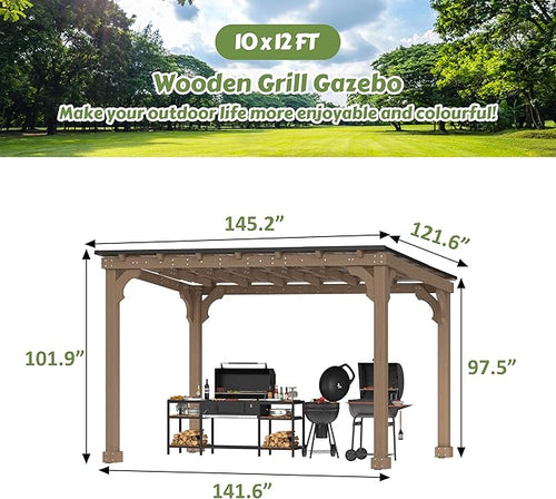 10 x 12 FT Outdoor Wooden Grill Gazebo with 5.5" Width Wood Posts, Rainwater Drainage, BBQ Gazebo with Sloping Metal Roof for Barbecue, Backyard, Garden, Light Mocha Brown
