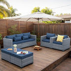 Patio Furniture Set, 5-Piece Outdoor Wicker Conversation Set with All-Weather PE Rattan, Anti-Slip Cushions & Ottomans, Sectional Sofa for Patio, Balcony & Deck, Navy Blue