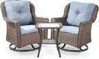 3 Piece Patio Swivel Chairs and Side Table Set - High Back Outdoor Brown Wicker Rattan Rocking Glider with Thick Cushions for Porch Apartment Deck Yard Poolside Garden - Baby Blue