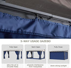 10’ x 14’ Gazebo for Patio,Wall Mounted Gazebo with Sloping Polycarbonate Roof,Aluminum Frame Outdoor pelgole w/Netting & Curtain for Garden,Deck,Backyard,NavyBlue
