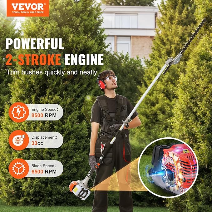 VEVOR 33CC 2-Cycle 5-in-1 Gas Powered Chainsaw with Extension Pole, All-in-One Trimmer Set with Hedge Trimmer, Weed Eater, Brush Cutter, Edger, and Pole Saw for Garden, Lawn, and Tree Maintenance