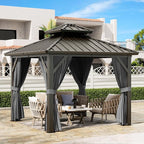 Outdoor Gazebos Canopy 10 x 10 ft Permanent with High Strength Aluminum Frame, Iron Double-Roof, Pavilion with Curtain and Netting for Patio, Lawn, Deck, Garden