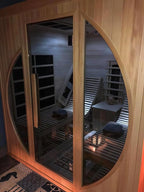 Far Infrared Wooden Sauna, Luxurious Canadian Hemlock Sauna with 2 Oversize Recliners, 220V, 3400 W, 9 Heating Element, Bluetooth Speakers, 7 Color Light, Oxygen Bar-Fast Delivery