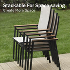 PHI VILLA Outdoor Stackable Chairs, Patio Chairs Set of 8, Light Weight Aluminum Frame with Textilene Fabric & Wood Armrest, High Back Deck Chairs for Poolside Lawn Garden, Beige