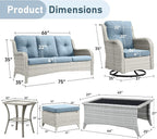 Wicker Rattan Patio Furniture Set - 7 Pieces Outdoor Couch with Swivel Chairs, Ottomans and Coffee Table for Deck, Poolside, Backyard - Light Grey/Light Blue