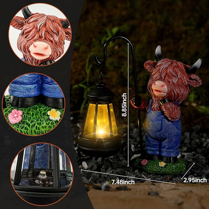 Solar Highland Cow Statue for Garden Decor: Outdoor Highland Cattle Sculpture with Lantern Clearance for Yard Balcony Lawn Patio Ornaments - Gifts for Mom Women Grandma