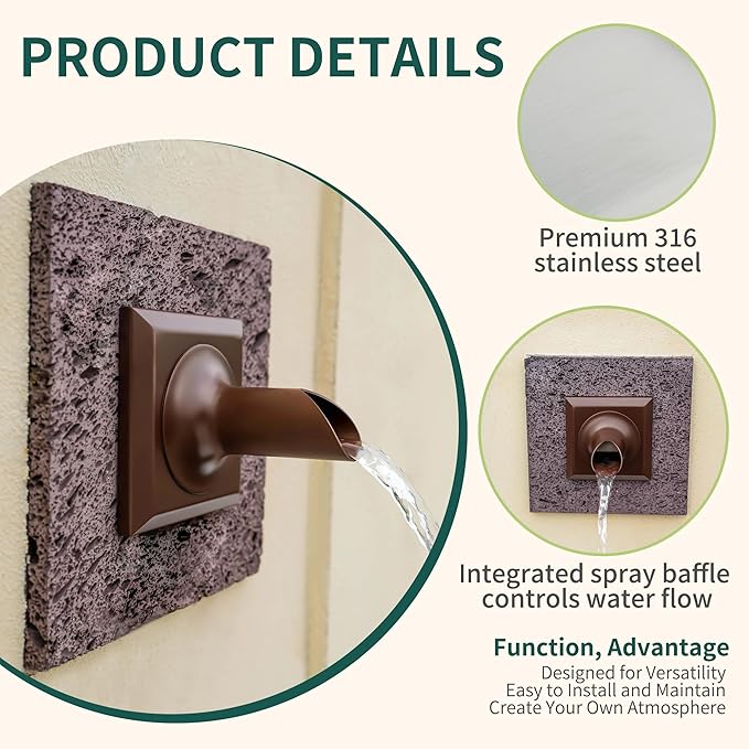PONDO 2'' Round Water Fountain Spout, 316 Stainless Steel Spillway Waterfall Accent Scupper Feature with Integrated Spray Baffle for Landscape Decor, Garden Pond, Pool, Fountain (Brown)