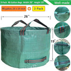 Standard 3-Pack 46 Gallon Yard Garden Bags (D26, H19 inch) with Garden Gloves, Leaf Bags,Yard Waste Bags,Recycling Bag,Camping Waste Bin,Laundry Bag,Lawn Debris,Grass Clippings,Weeds Barrel 4 Handles