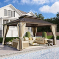 YOLENY 12' x 16' Gazebo, Galvanized Steel Double Roof Hardtop Gazebo with Aluminum Frame, Permanent Outdoor Metal Pavilion with Curtain and Netting for Patio, Lawn and Garden