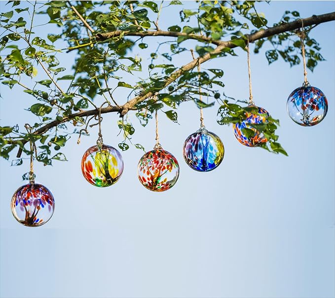 4” Tree of Life Witch Balls, Gazing Balls Hanging Friendship Balls, Hand-Blown Glass Christmas Ornament for Window Outdoor Home Decor, Garden Decoration, Gifts for Women (Muticolor)