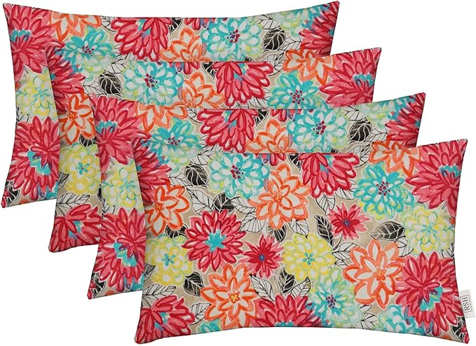RSH Décor Sunbrella Jumbo Lumbar Pillow Covers – Set of 4 | 26" x 16" | Outdoor Use – Patio, Lounge, Adirondack, Deck | Water & Fade-Resistant | Artistic Floral | Includes Down-Alternative Inserts