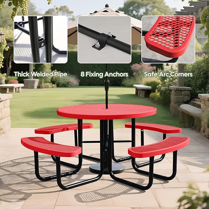 8-Person Picnic Tables for Outdoors, Industrial 46" Expanded Metal Round Picnic Table with 4 Benches & Umbrella Hole, Outside Table and Bench Set for Park, Garden, Backyard, Patio, Red