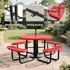 8-Person Picnic Tables for Outdoors, Industrial 46" Expanded Metal Round Picnic Table with 4 Benches & Umbrella Hole, Outside Table and Bench Set for Park, Garden, Backyard, Patio, Red