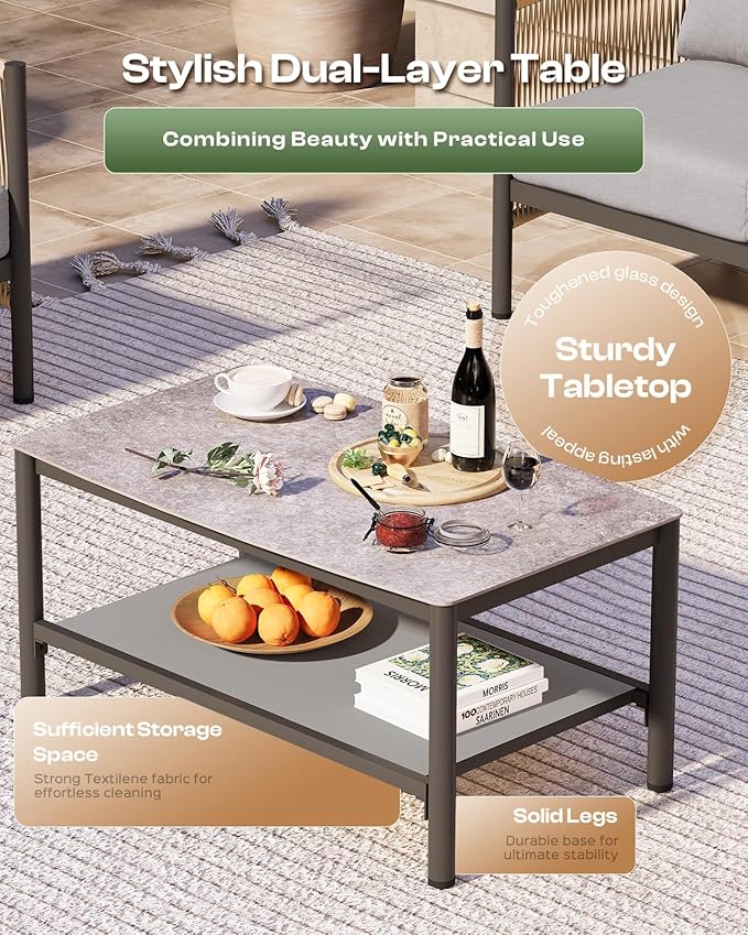 Aluminum Outdoor Patio Furniture Set, HDPE Rope 4 Piece Modern Sectional Conversation Sets with Dual-Layer Coffee Table, All Weather Patio Couch Sets with Thick Cushions, Gray Frame, Gray