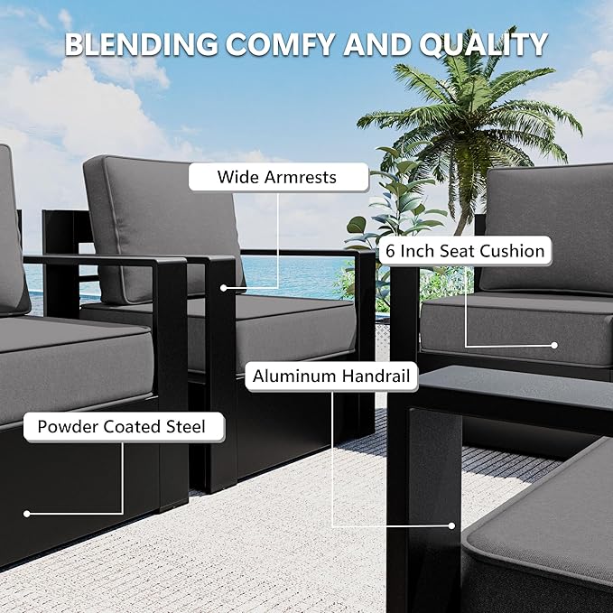 Outdoor Patio Furniture Set, 6-Piece Aluminum Patio Conversation Set All-Weather Metal Outdoor Sectional with 6 Inch Thick Cushions, Deep Setting for Garden, Outside and Porch
