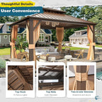 MELLCOM 12'x14' Hardtop Gazebo, Metal Double Roof Aluminum Gazebos with Curtain and Netting,Brown Permanent Galvanized Steel Pavilion for Patio, Lawn & Deck