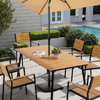 Outdoor Dining Table for 6, 70inch Patio Dining Table with Wooden-Like Top and Aluminum Frame, Rectangular Table with Umbrella Hole Outdoor Furniture, Brown