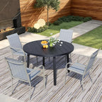 5 Pieces Round Dining Table Set for 4, Patio Dining Set Includes 4 Beige Blue Stackable Patio Chairs and 1 Black Round Table, Patio Furniture Setss with Sling Support for Outside, Garden