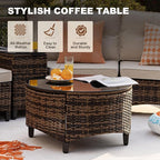 MEISSALIVVE 11 Piece Outdoor Patio Furniture Set, Half-Moon Curved Sectional Sofa Rattan Conversation Set with Wood Armrests, Coffee Table & 2 Side Table（Brown）